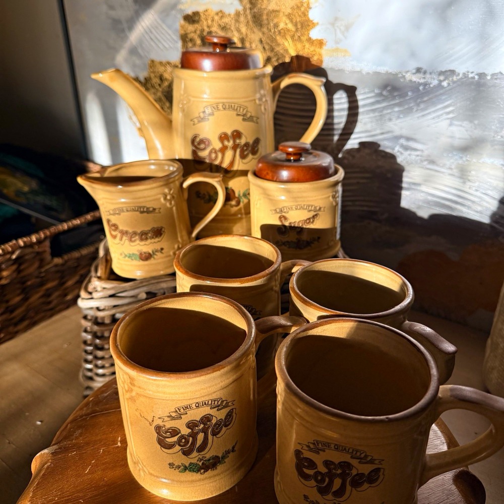 Vintage Japan Asake Ceramic Coffee Set 7 Piece Beige Brown Retro 1970s Kitchen